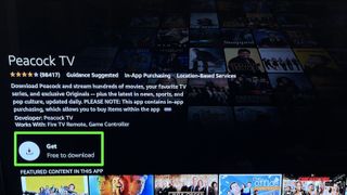 Fire TV app store Peacock TV screen with Get highlighted