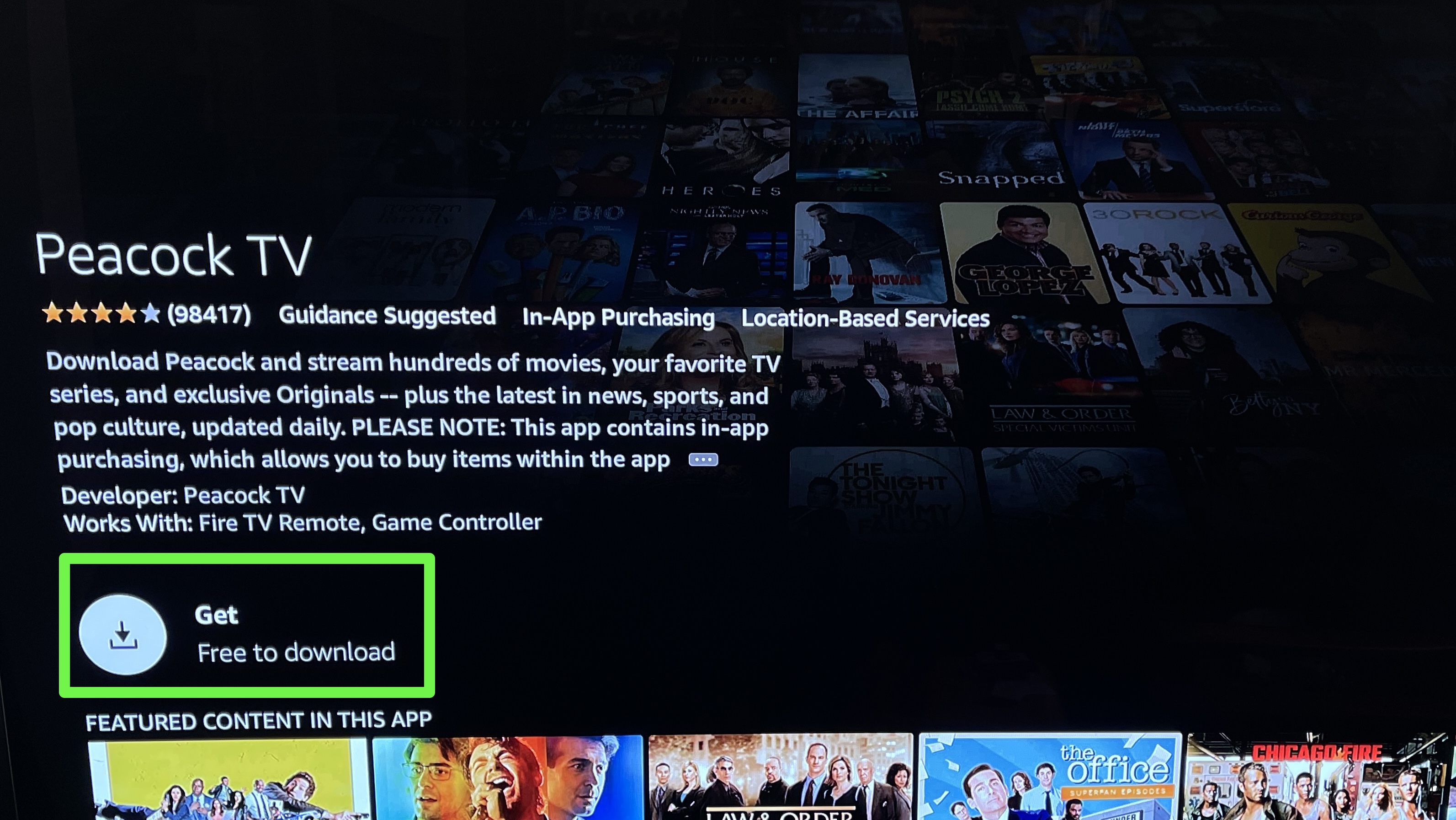 Fire TV app store Peacock TV screen with Get highlighted