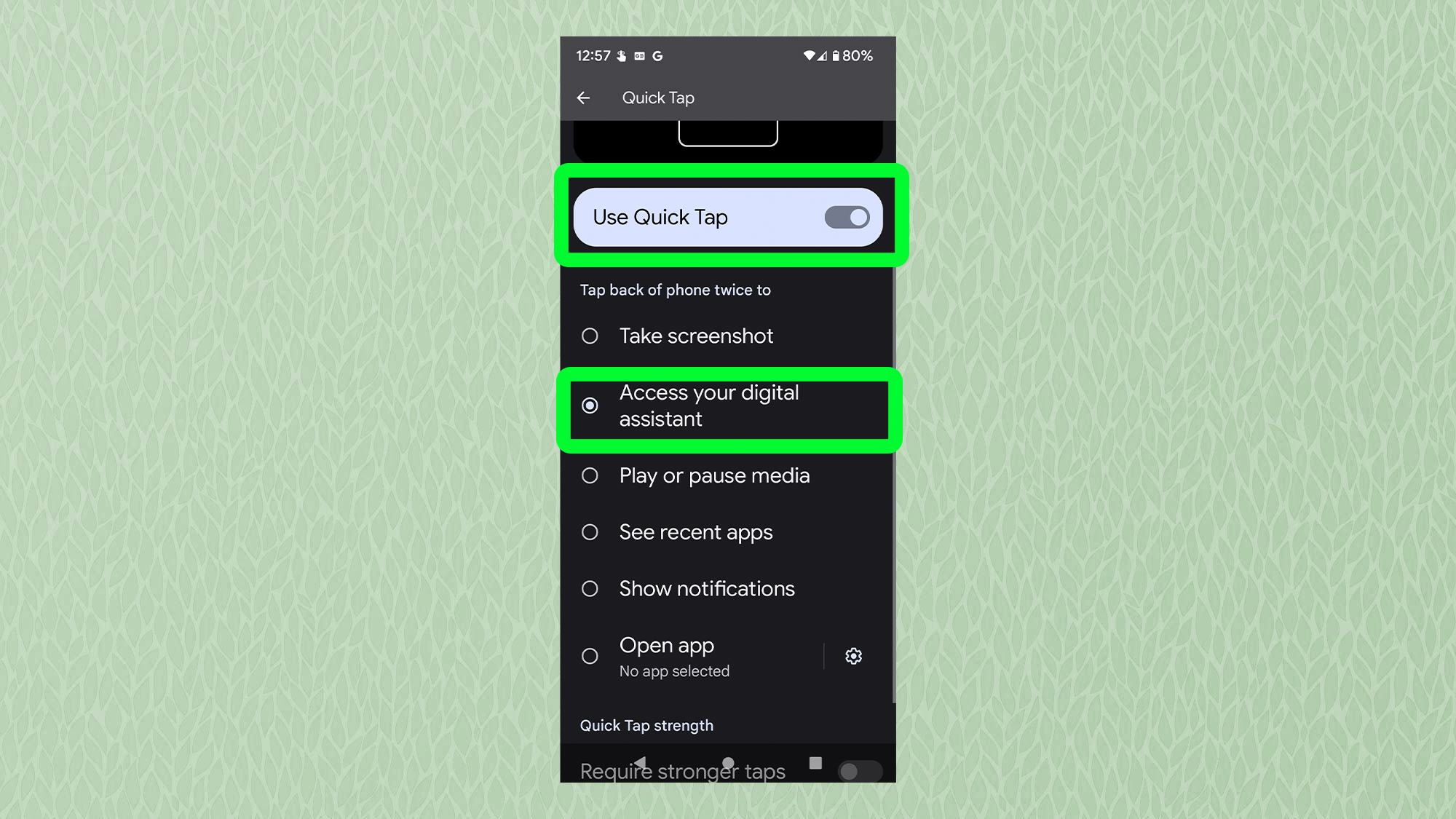 A screenshot from Android showing the Quick Tap menu with 'Use Quick tap' and 'Google Assistant' highlighted