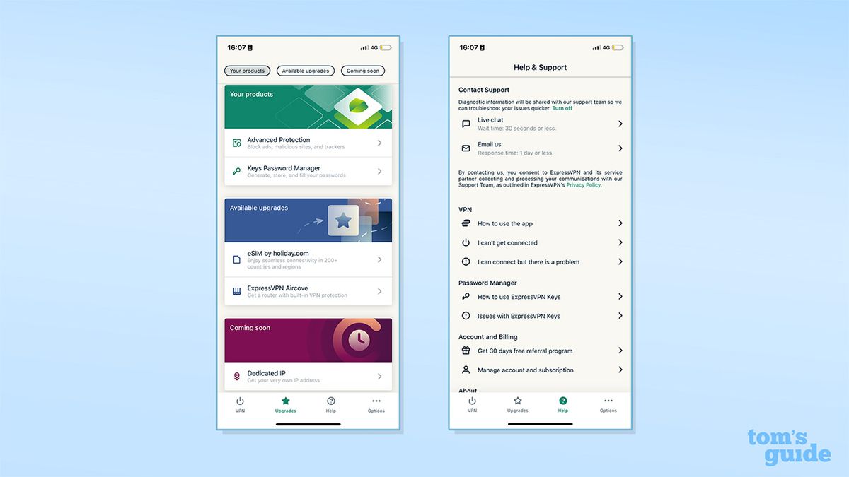 Two screenshots showing the upgrades and help tabs on ExpressVPN's iOS app. On the left is the upgrades tab. On the right is the help tab.