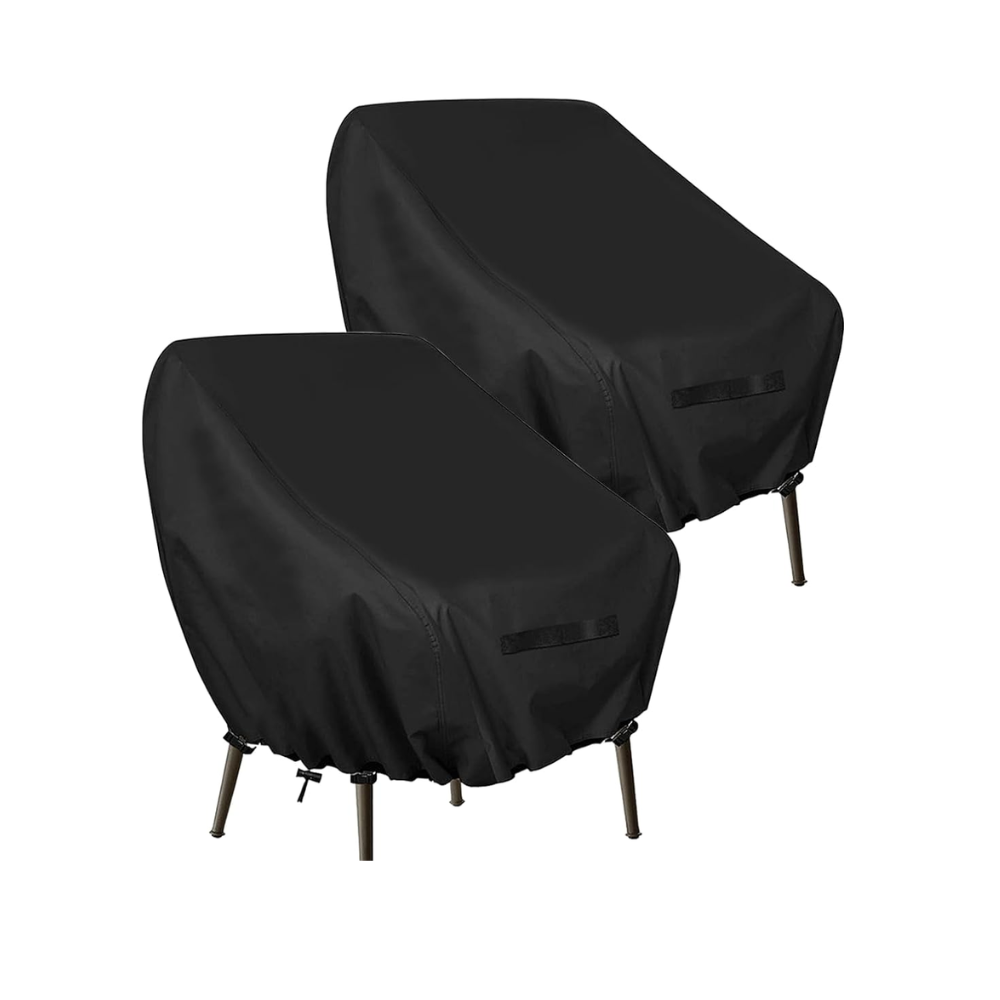 Two chairs covered in black upholstery with drawstrings at the bottom