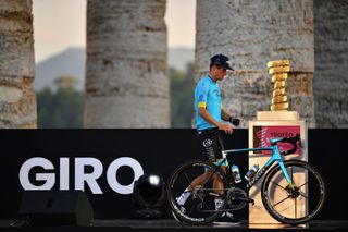 PALERMO ITALY OCTOBER 01 Jakob Fuglsang of Denmark and Astana Pro Team Trofeo Senza Fine Trophy during the 103rd Giro dItalia 2020 Team Presentation in Archaeological Park of Segesta in Palermo City Temple of Segesta girodiitalia Giro on October 01 2020 in Palermo Italy Photo by Stuart FranklinGetty Images