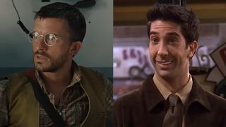 Jonathan Bailey in Jurassic World: Rebirth/ David Schwimmer as Ross Gellar in Friends (side by side image)