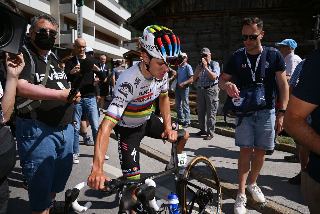 LEUKERBAD SWITZERLAND JUNE 14 Remco Evenepoel of Belgium and Team Soudal QuickStep after cross the finish line during the 86th Tour de Suisse 2023 Stage 4 a 1525km stage from Monthey to Leukerbad 1367m UCIWT on June 14 2023 in Leukerbad Switzerland Photo by Dario BelingheriGetty Images