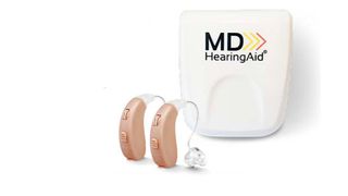 The MDHearingAid AIR duo shown with the white carry case designed with the brand's logo in black on the front