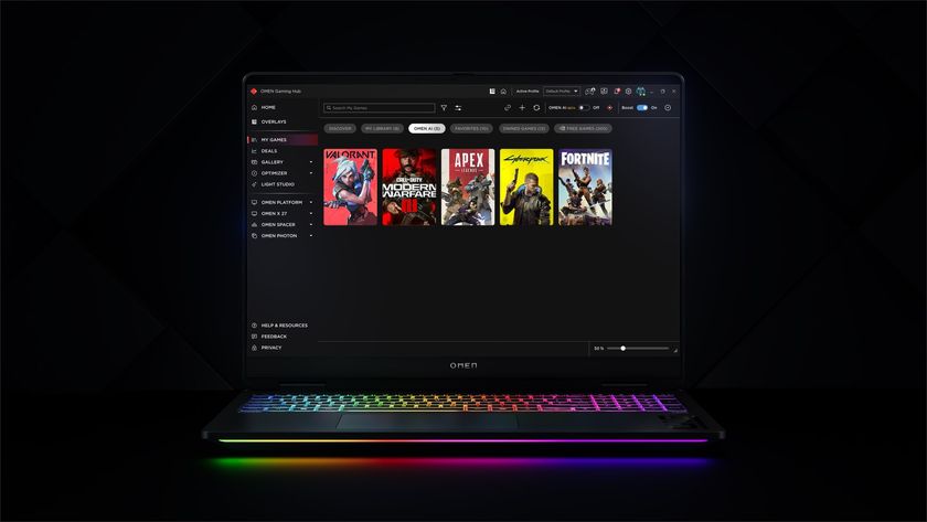 HP Omen Max 16 gaming laptop in silhouette with RGB lighting and AI studio showing