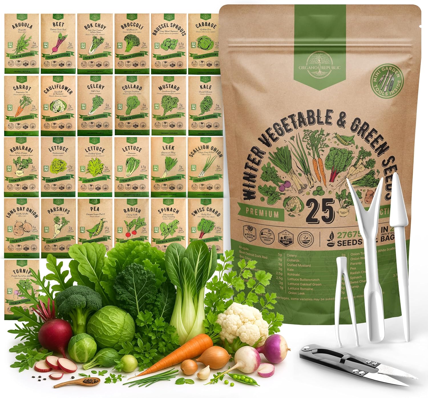 Organo Republic 25 Winter Vegetable &amp;amp; Green Seeds Variety Pack for Outdoors &amp;amp; Indoor Home Gardening 27670+ Non-Gmo Heirloom Seeds: Broccoli Beet Carrot Collard Lettuce Radish Spinach Pea Kohlrabi