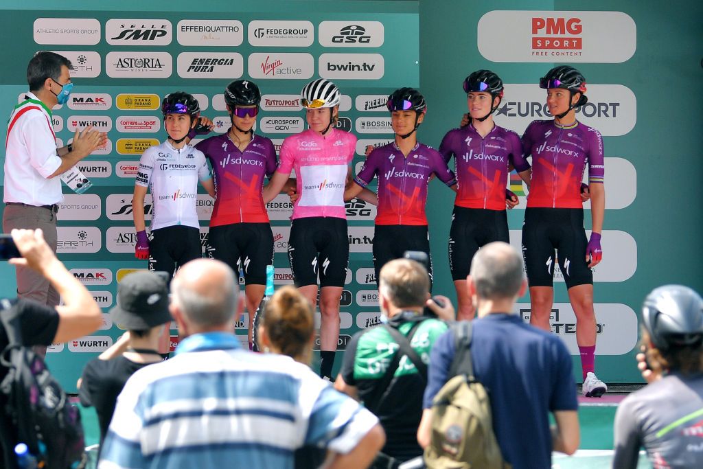 PUEGNAGO DEL GARDA ITALY JULY 08 Anna Van Der Breggen of Netherlands Pink Leader Jersey Ashleigh Moolman Pasio of South Africa Niamh FisherBlack of New Zealand Demi Vollering of Netherlands Elena Cecchini of Italy Chantal Van Den Broek Blaak of Netherlands and Team SD Worx at start during the 32nd Giro dItalia Internazionale Femminile 2021 Stage 7 a 1096km stage from Soprazocco di Gavardo to Puegnago Del Garda 219m Team Presentation GiroDonne UCIWWT on July 08 2021 in Puegnago del Garda Italy Photo by Luc ClaessenGetty Images