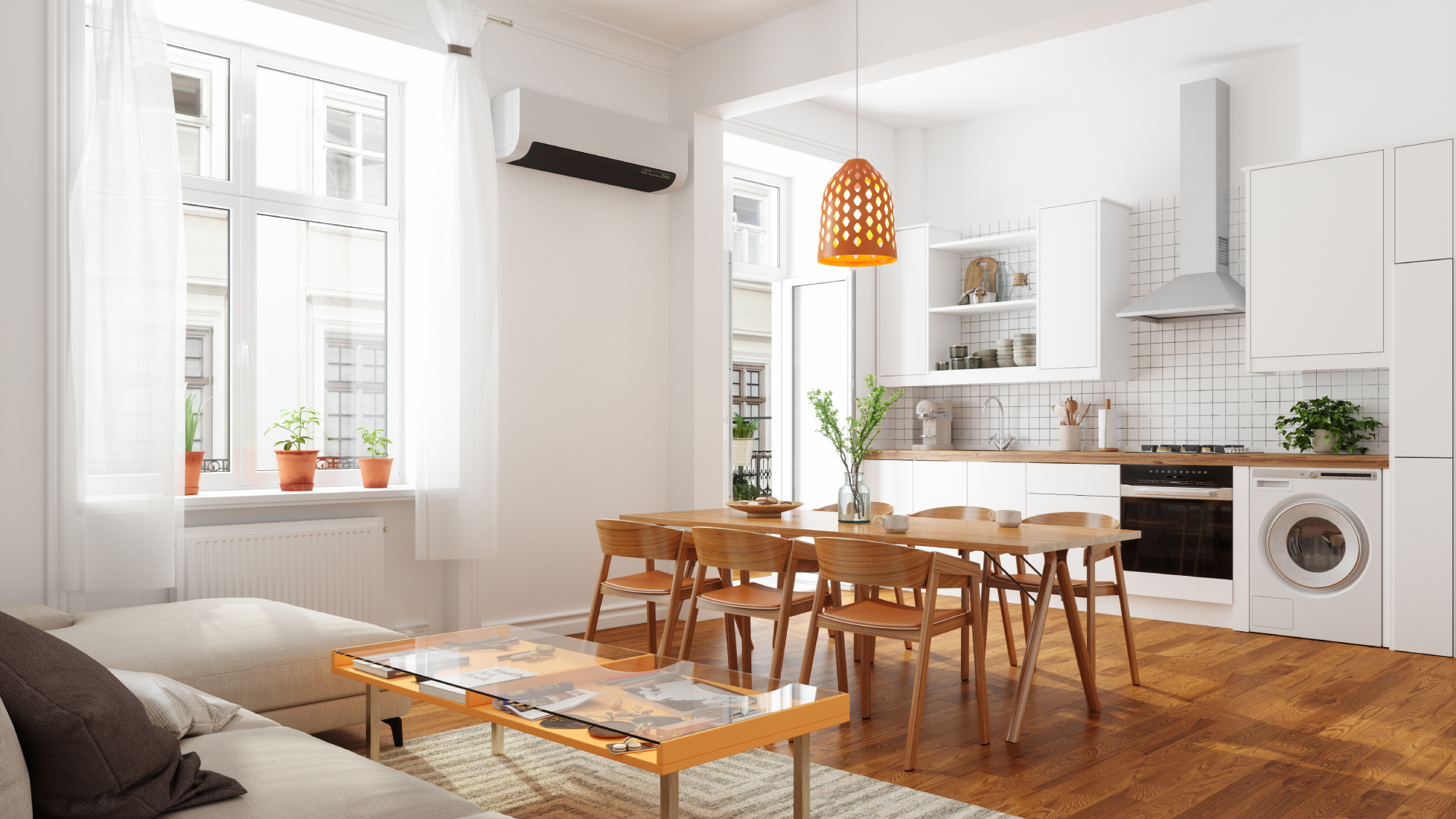 white open plan kitchen, diner and living room with wooden floor, dining table and chairs, white air con unit on wall