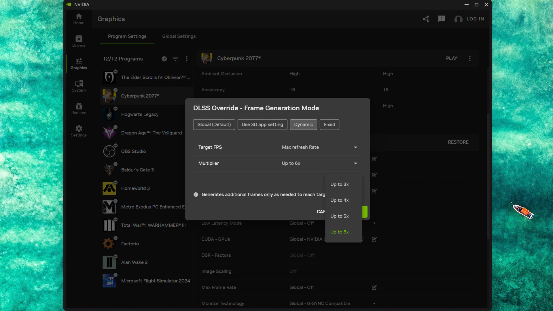 A screenshot of the Nvidia App, showing the frame generation mode override feature
