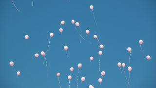 pink balloons in the sky