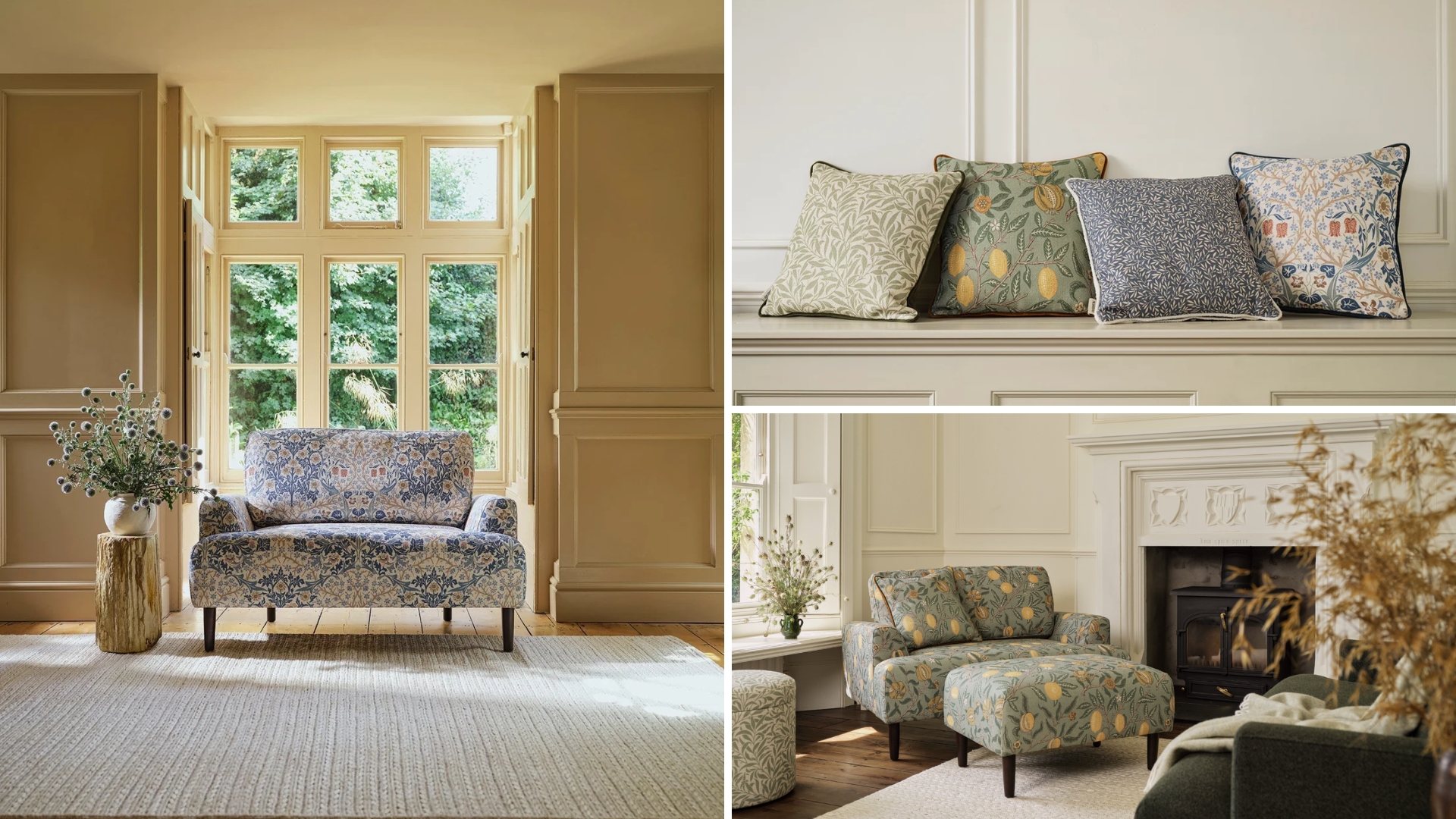A loveseat, sofa, and cushions in the Swyft x Morris &amp; Co showing in elegant homes