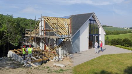 A before and after of a modern-style self build home on a rural plot with countryside views