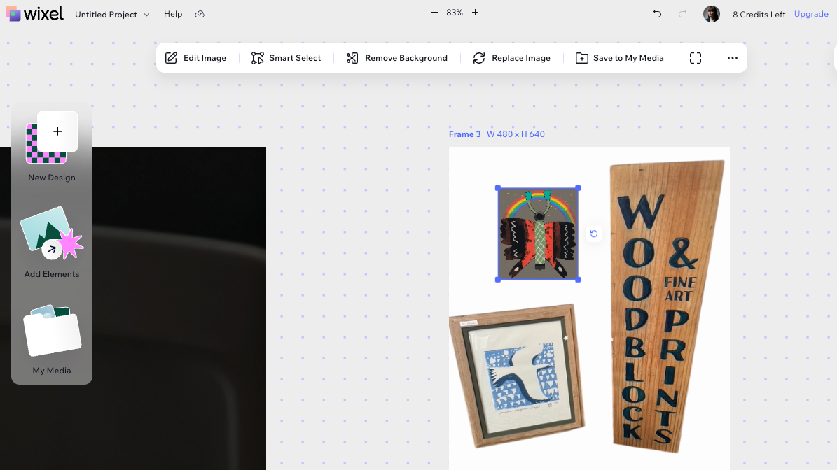Woodblock prints and fine art block with an image of a bird and a rainbow butterfly next to it within the interface of Wixel