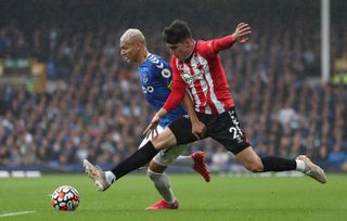Southampton’s Tino Livramento challenges Everton forward Richarlison for the ball