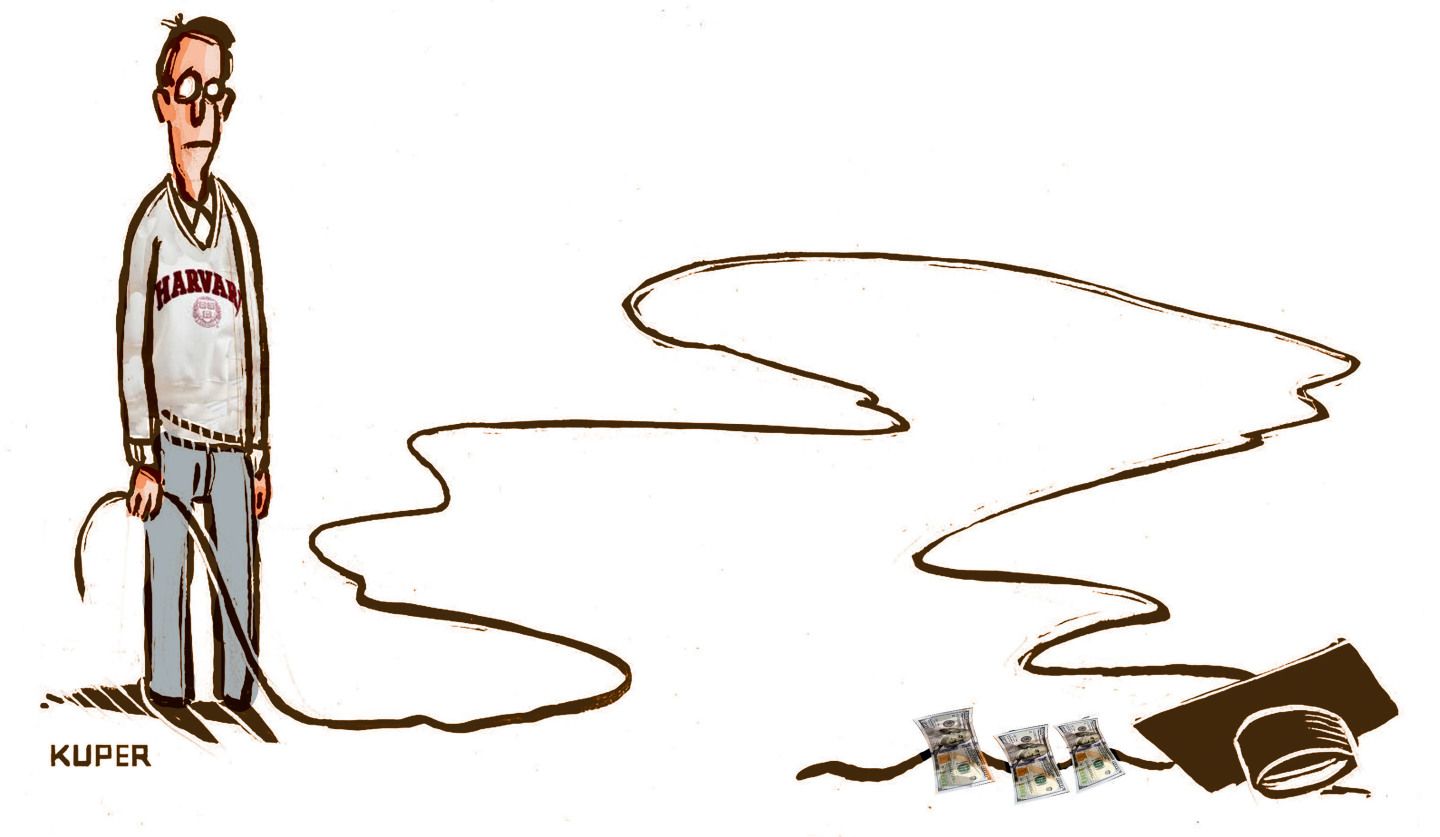 
                                This cartoon depicts a glum-looking man in a Harvard sweater holding a ribbon that twists and turns for many feet on the ground. It ends at an academic cap that has three $100 bills attached to the ribbon.
                            
