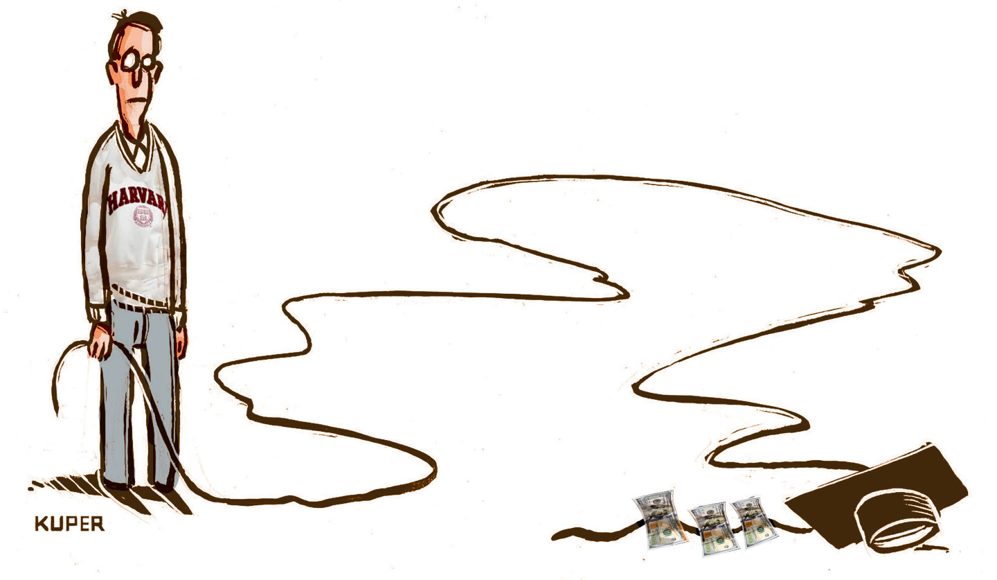 This cartoon depicts a glum-looking man in a Harvard sweater holding a ribbon that twists and turns for many feet on the ground. It ends at an academic cap that has three $100 bills attached to the ribbon.