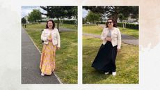 Rivkie Baum wearing a Mango white boucle jacket in two different ways