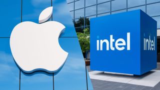 An Apple logo next to an Intel logo