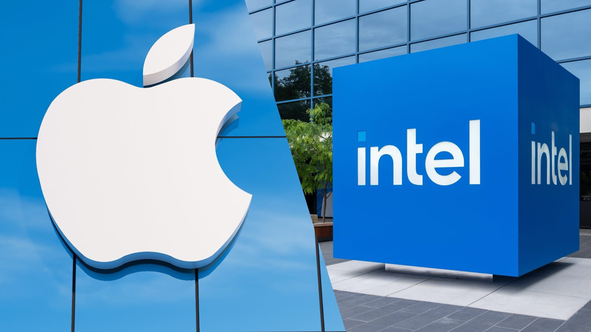 An Apple logo next to an Intel logo