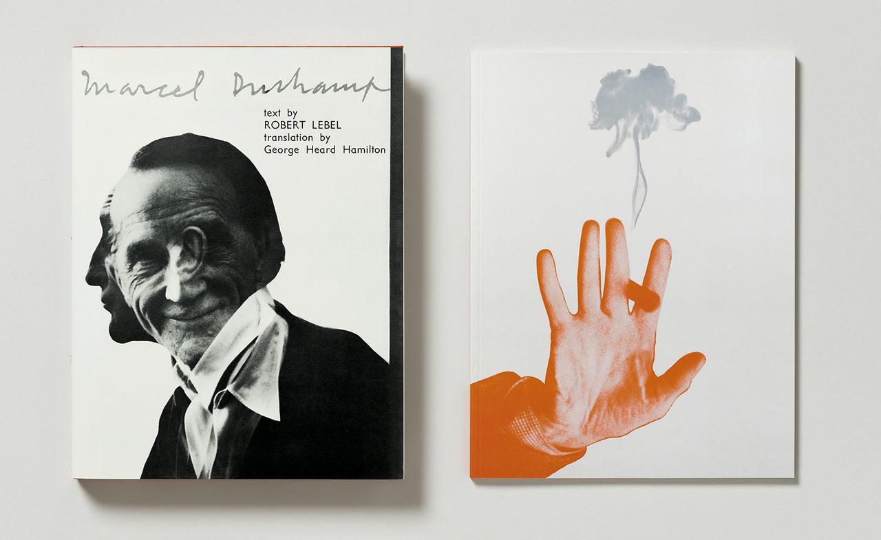 Two wall artwork by Macel Duchamp. LEFT: Portrait of my man. RIGHT: a hand holding a cigarette.