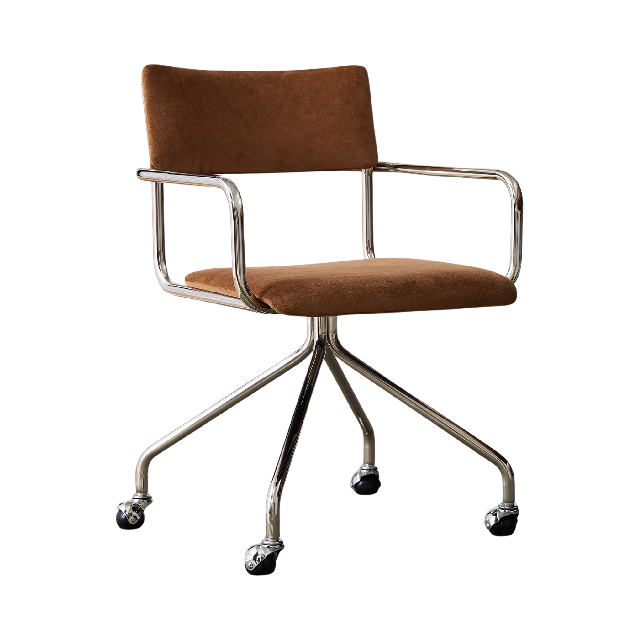 brown chenille desk chair with a metal frame and four legs with wheels