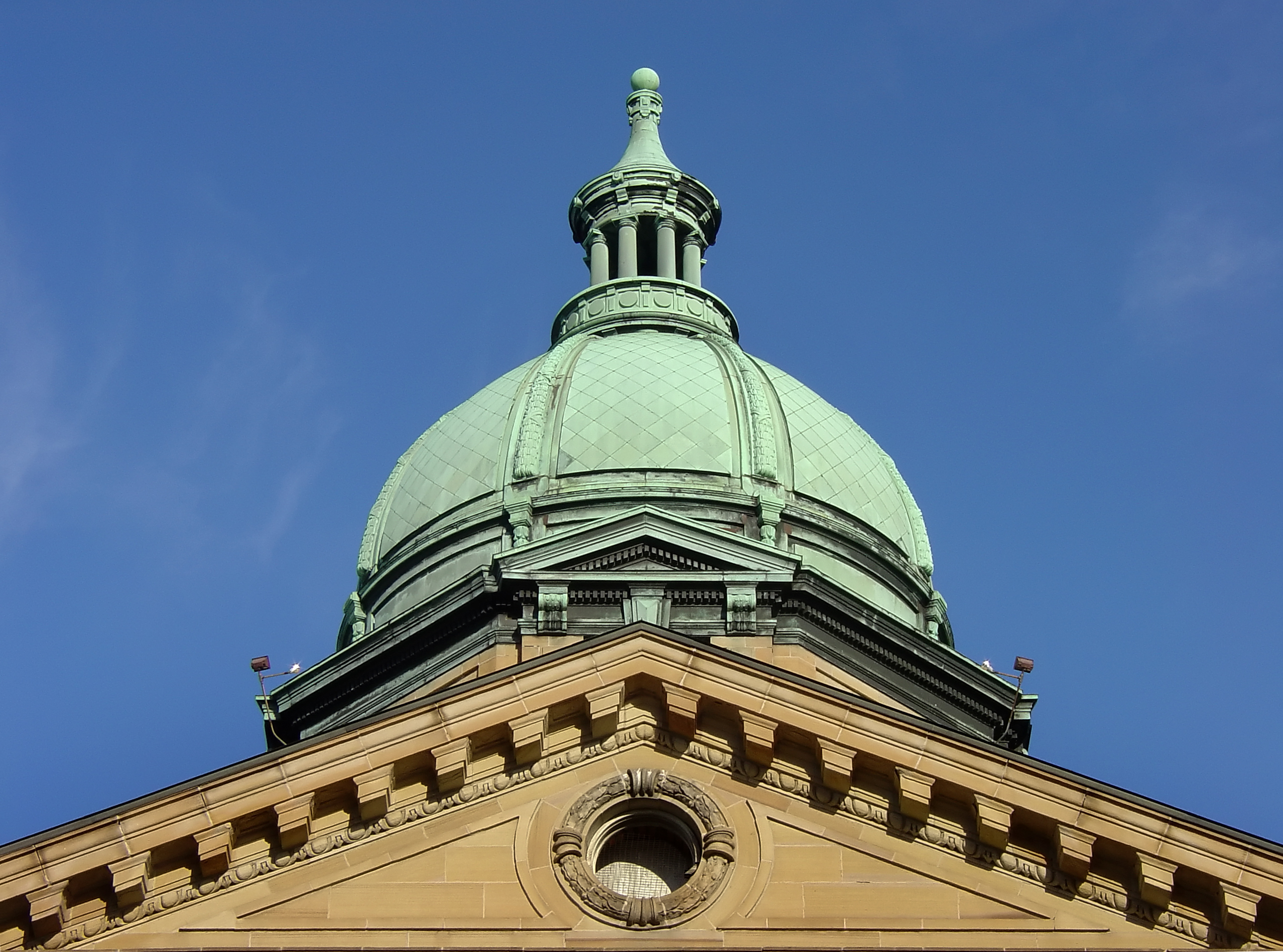 A weathered copper dome on top of the Lawrence County Courthouse in Ironton, Ohio.