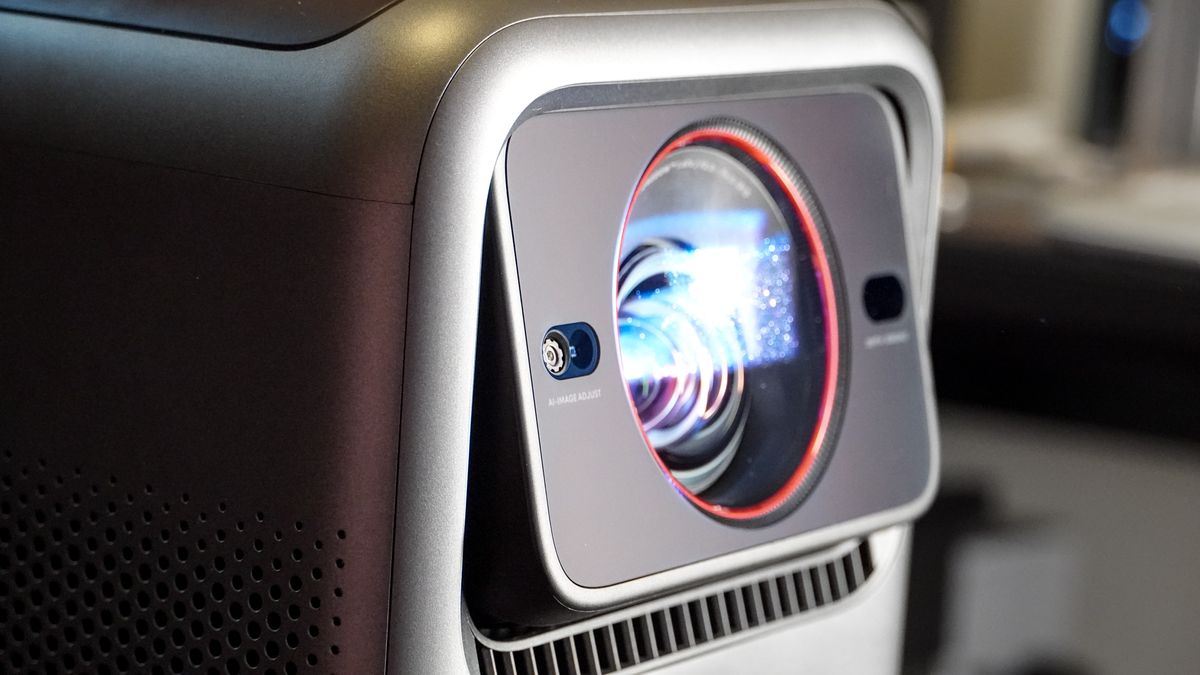 The lens on an Anker Nebula X1 projector tilting upward.
