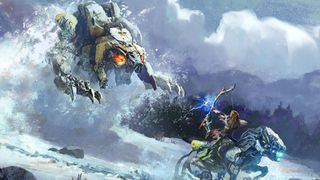 Allow aims her bow while riding a mount, towards a giant robotic enemy blasting out of the snow in the distance