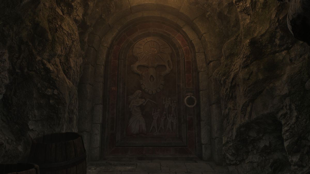 The Dark Brotherhood door, unlit and featuring a lore-inaccurate seven children.