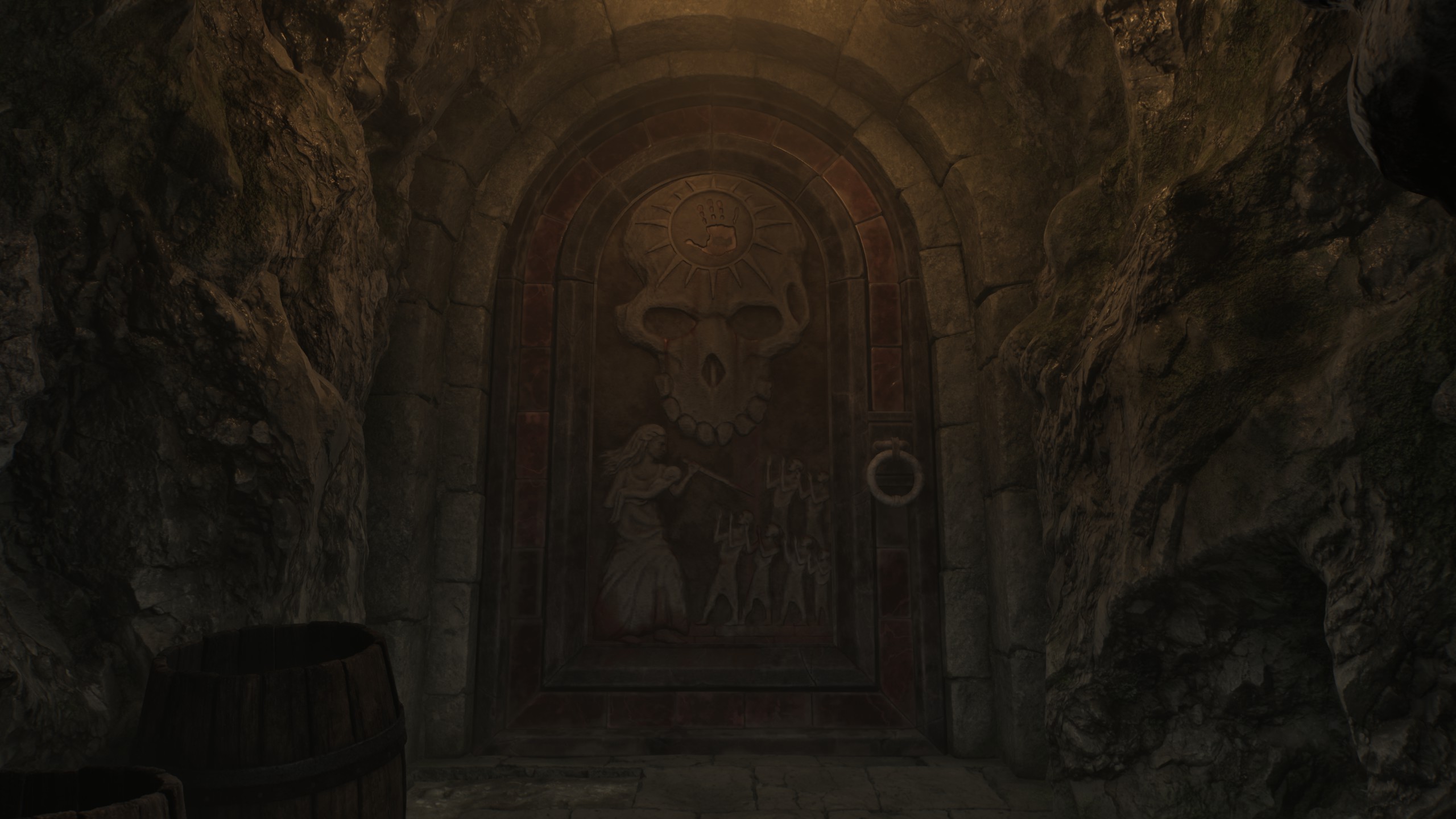 The Dark Brotherhood door, unlit and featuring a lore-inaccurate seven children.