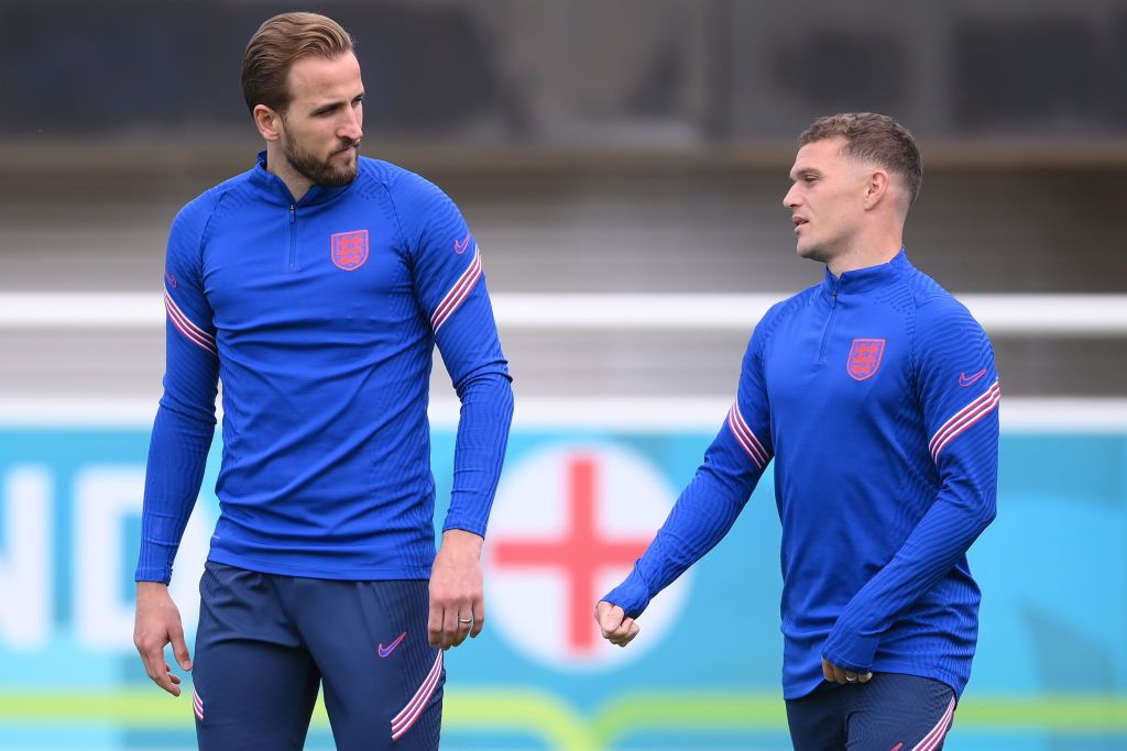 Harry Kane and Kieran Trippier of England speak as they walk out prior to the England Training Session at St George&#039;s Park on July 10, 2021 in Burton upon Trent, England. (