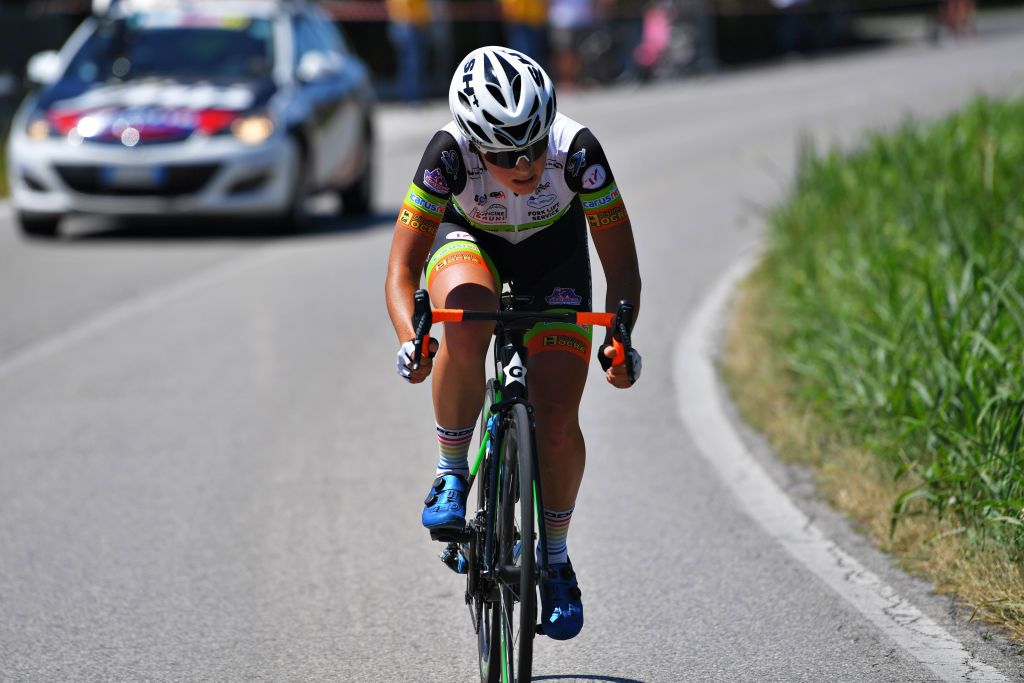 MORTEGLIANO ITALY JULY 09 Anastasia Carbonari of Italy and Team Born To Win G20 Ambedo in the Breakaway during the 32nd Giro dItalia Internazionale Femminile 2021 Stage 8 a 1294km stage from San Vendemiano to Mortegliano GiroDonne UCIWWT on July 09 2021 in Mortegliano Italy Photo by Luc ClaessenGetty Images