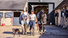 Lady leading two horses across livery yard area