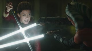 Image from the Star Wars TV show Ahsoka. Here we see Ahsoka locked in an intense lighsaber battle with a Nightsister.