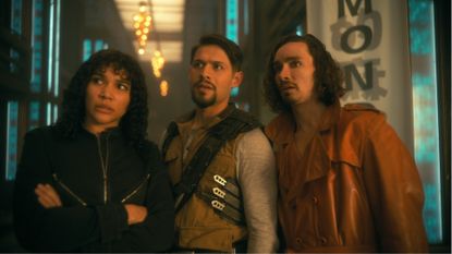 Emmy Raver-Lampman, David Casta&ntilde;eda, and Robert Sheehan in The Umbrella Academy season 3