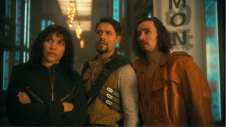 Emmy Raver-Lampman, David Casta&ntilde;eda, and Robert Sheehan in The Umbrella Academy season 3