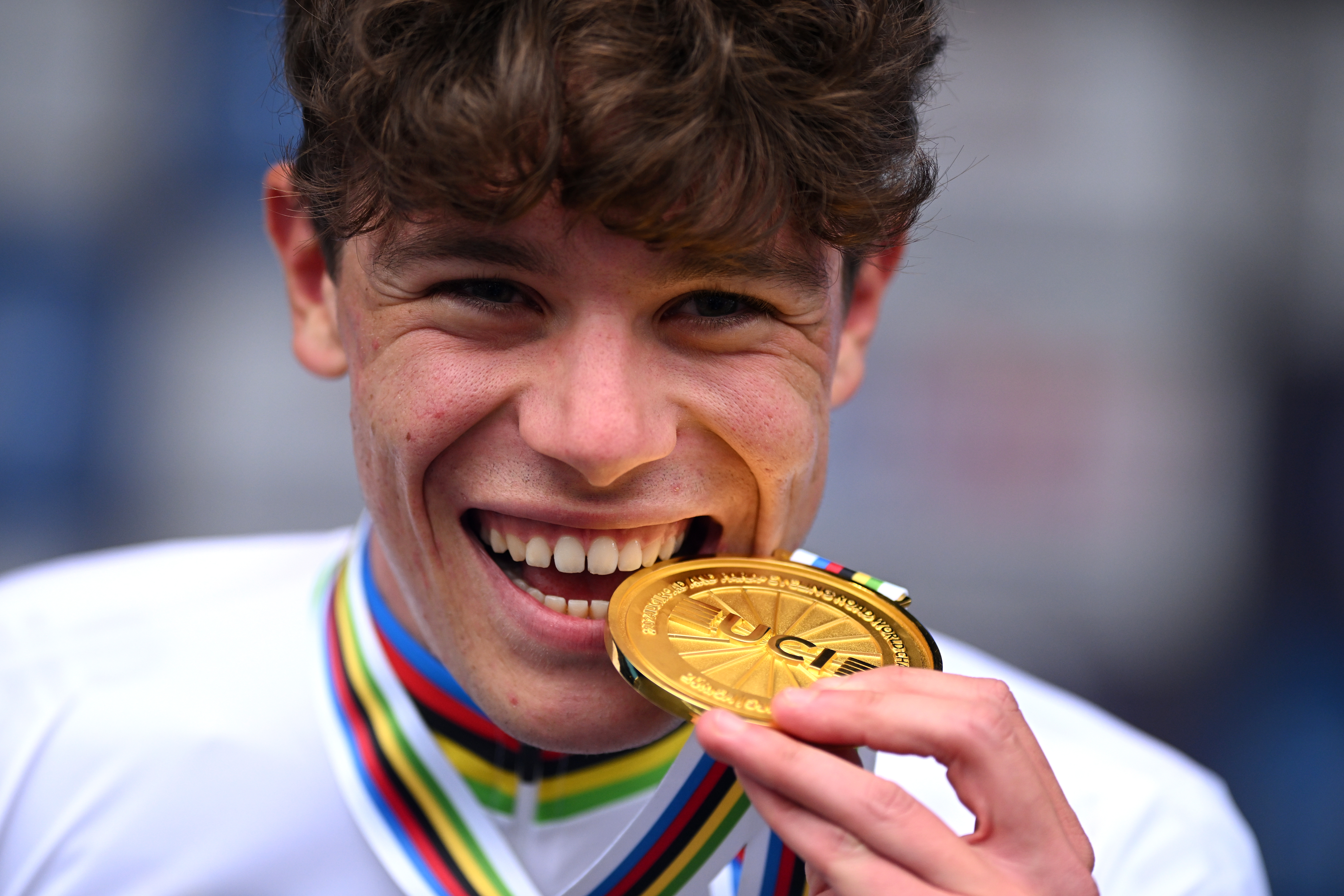 ZURICH, SWITZERLAND - SEPTEMBER 23: Gold medalist Ivan Romeo of Team Spain celebrates on the podium during the 97th UCI Cycling World Championships Zurich 2024, Men&amp;amp;apos;s U23 Individual Time Trial a 29.9km one day race from Zurich to Zurich on September 23, 2024 in Zurich, Switzerland. (Photo by Dario Belingheri/Getty Images)