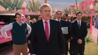 Will Ferrell talking with all the Mattel executives standing behind him.