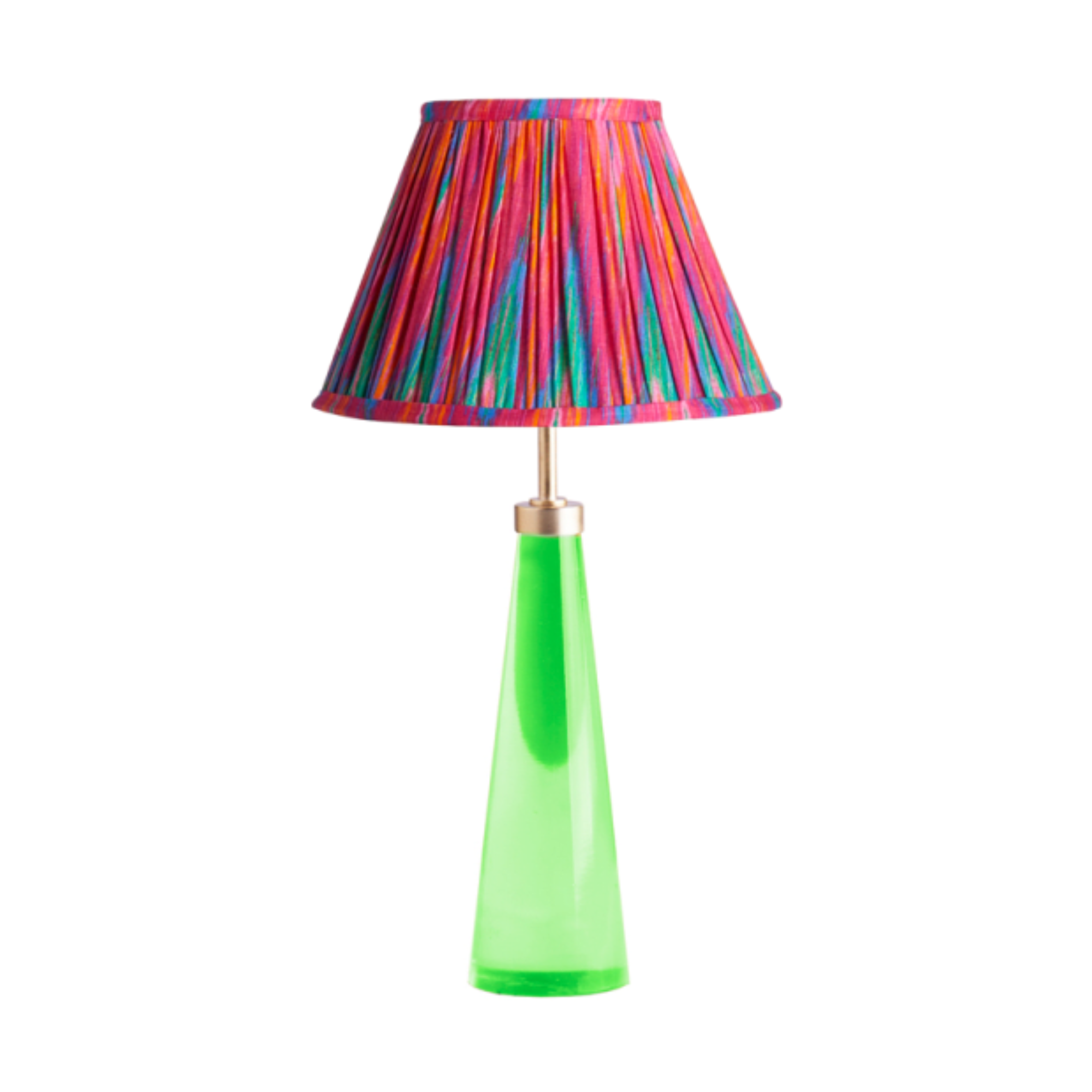table lamp with a multicolored pink and blue shade and a neon green base