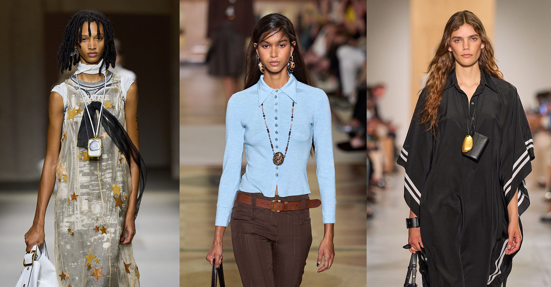 Models wearing pendant necklaces