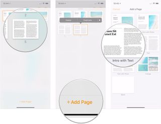 Tap thumbnail, tap Add Page, choose template