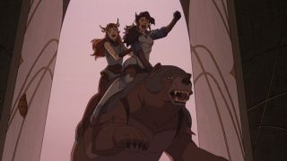 Keyleth and Vex riding Trinket in new outfits in the Legend of Vox Machina Season 4