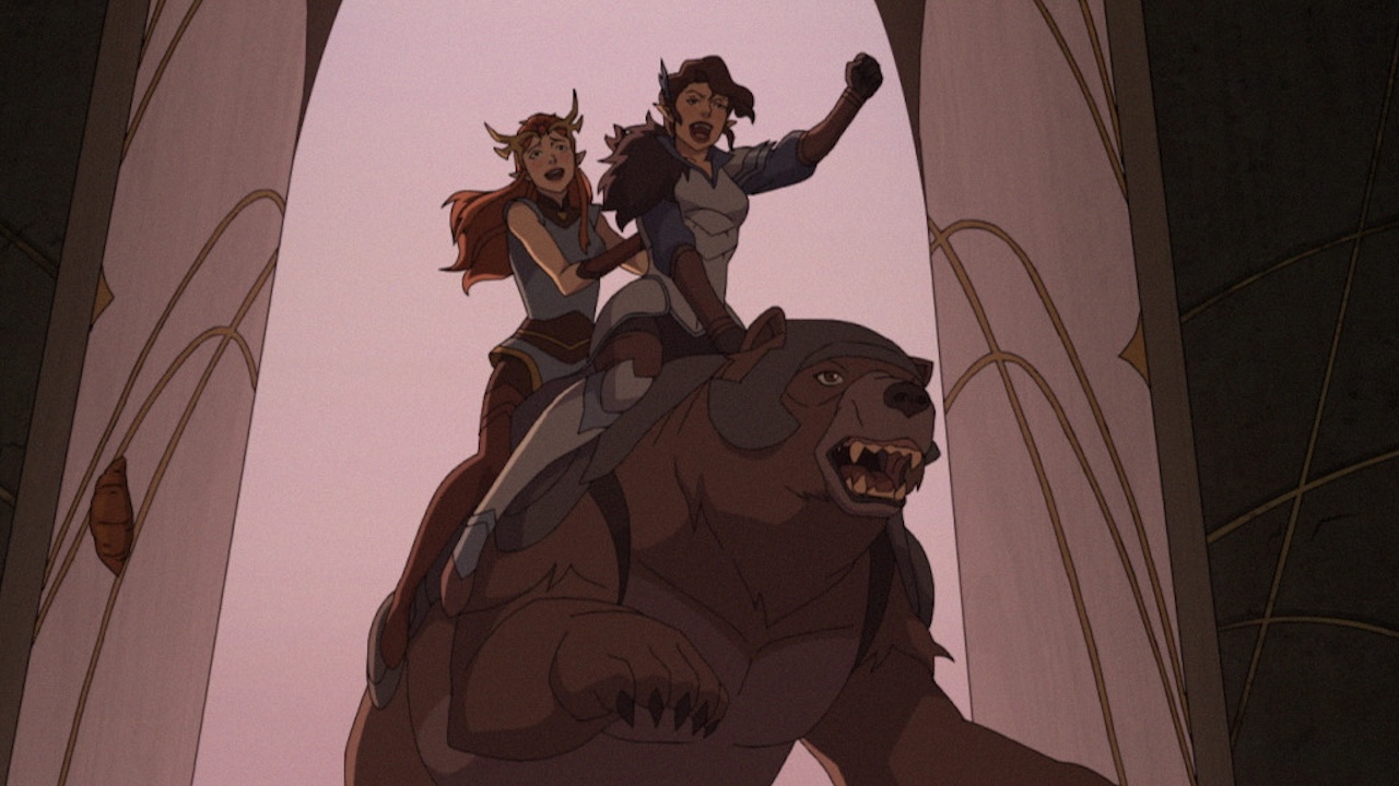 Keyleth and Vex riding Trinket in new outfits in the Legend of Vox Machina Season 4