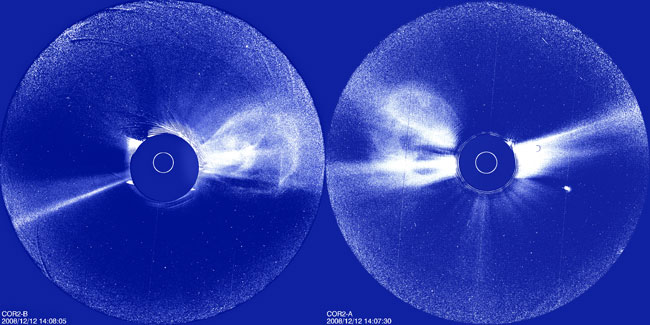 A coronal mass ejection, shown from telescopes onboard the twin STEREO spacecraft.