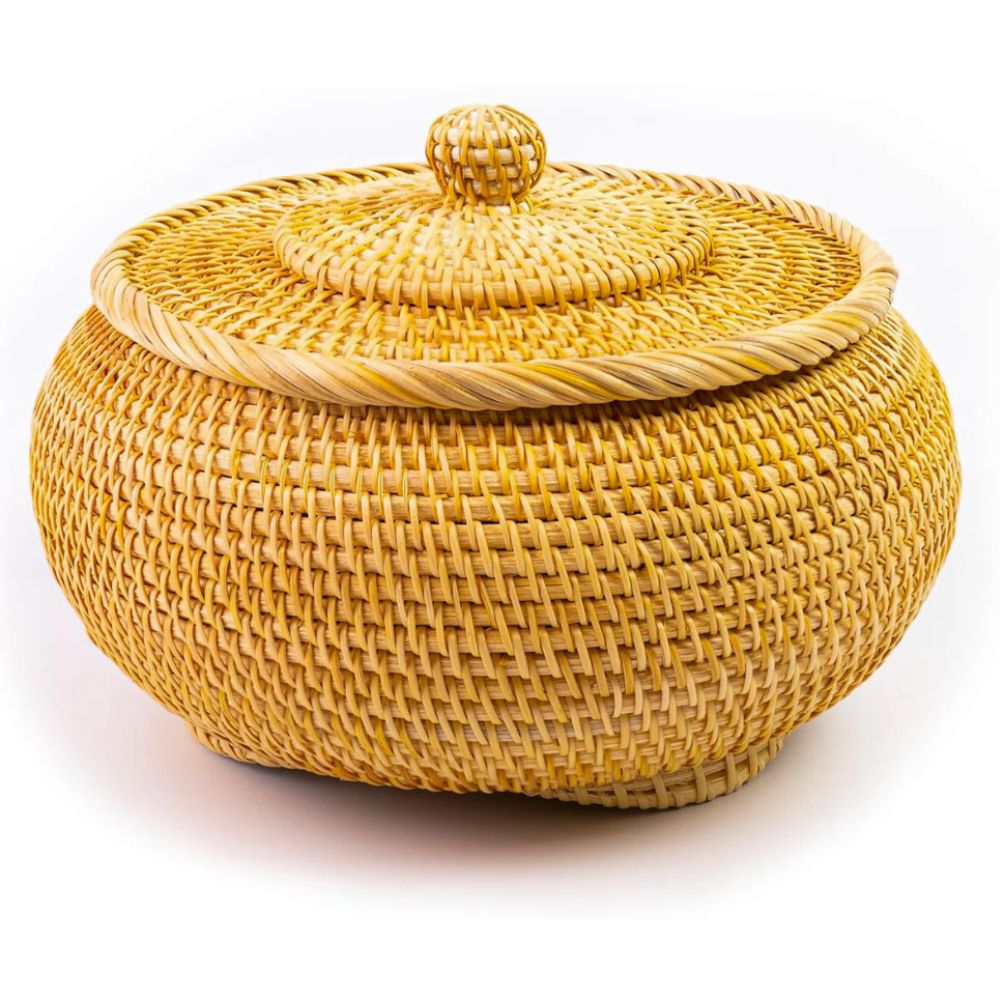 Yellow rattan basket with lid