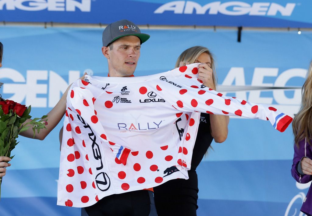 Evan Huffman pulls on the KOM jersey