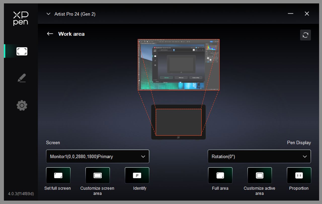 Screenshot of the work area settings for the XPPen Artist Pro 24 (Gen 2) 4K drawing tablet