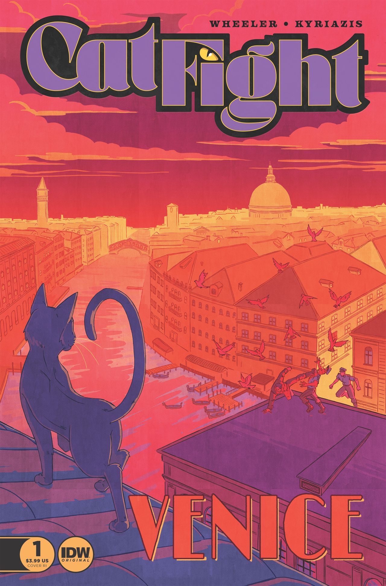 A cat watches a brawl from a roof top.