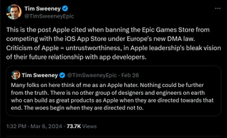 This is the post Apple cited when banning the Epic Games Store from competing with the iOS App Store under Europe's new DMA law. Criticism of Apple = untrustworthiness, in Apple leadership's bleak vision of their future relationship with app developers.
